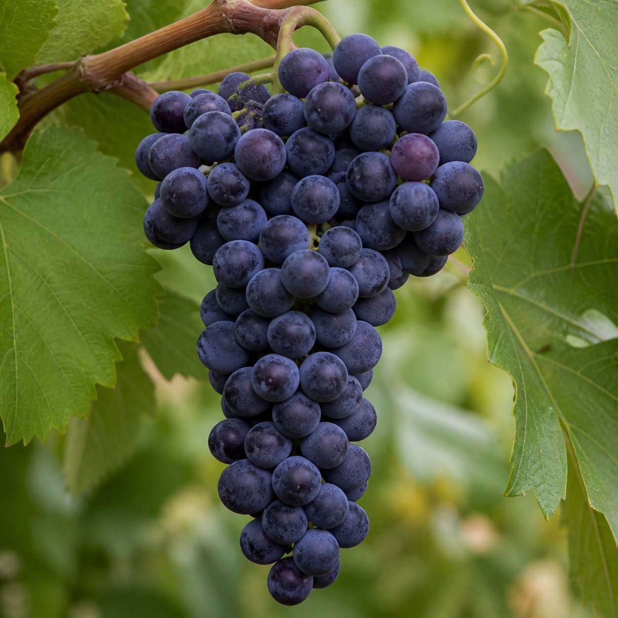 A bunch of Humagne Rouge wine grapes on the vine