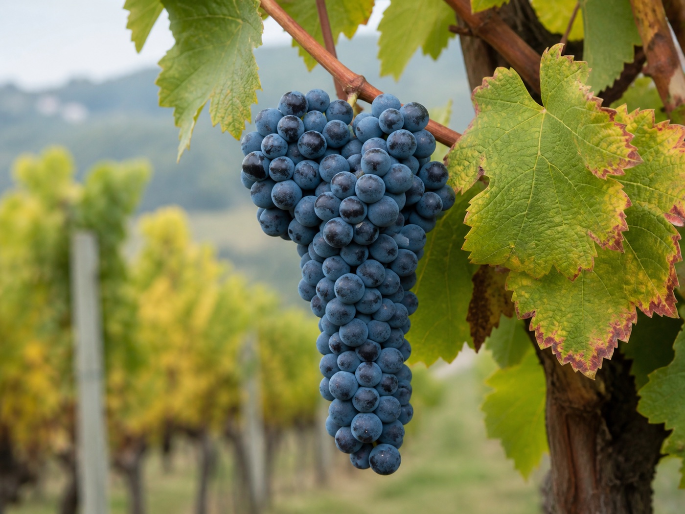 A bunch of Nebbiolo wine grapes on the vine