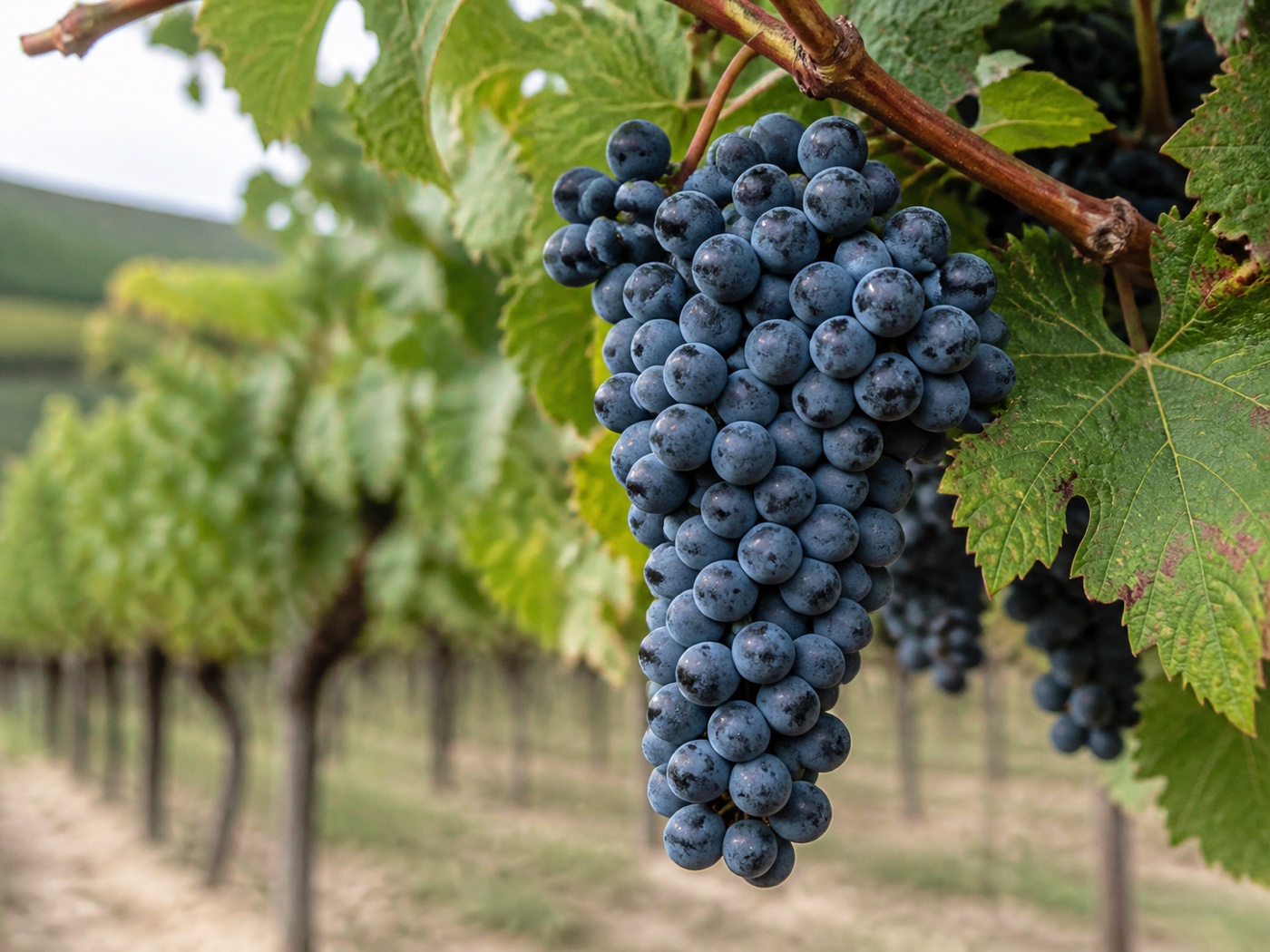 A bunch of Pinot Noir wine grapes on the vine