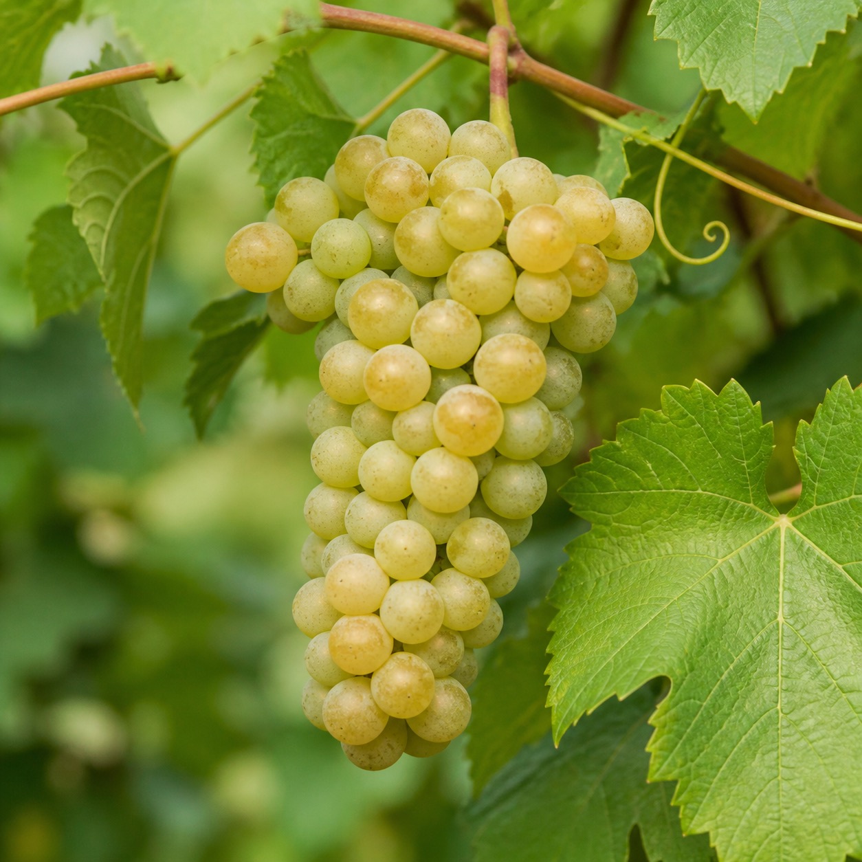 A bunch of Räuschling wine grapes on the vine
