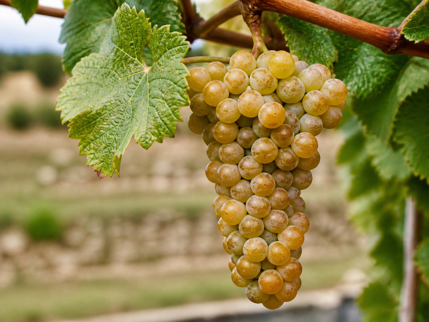 A bunch of Roussanne wine grapes on the vine