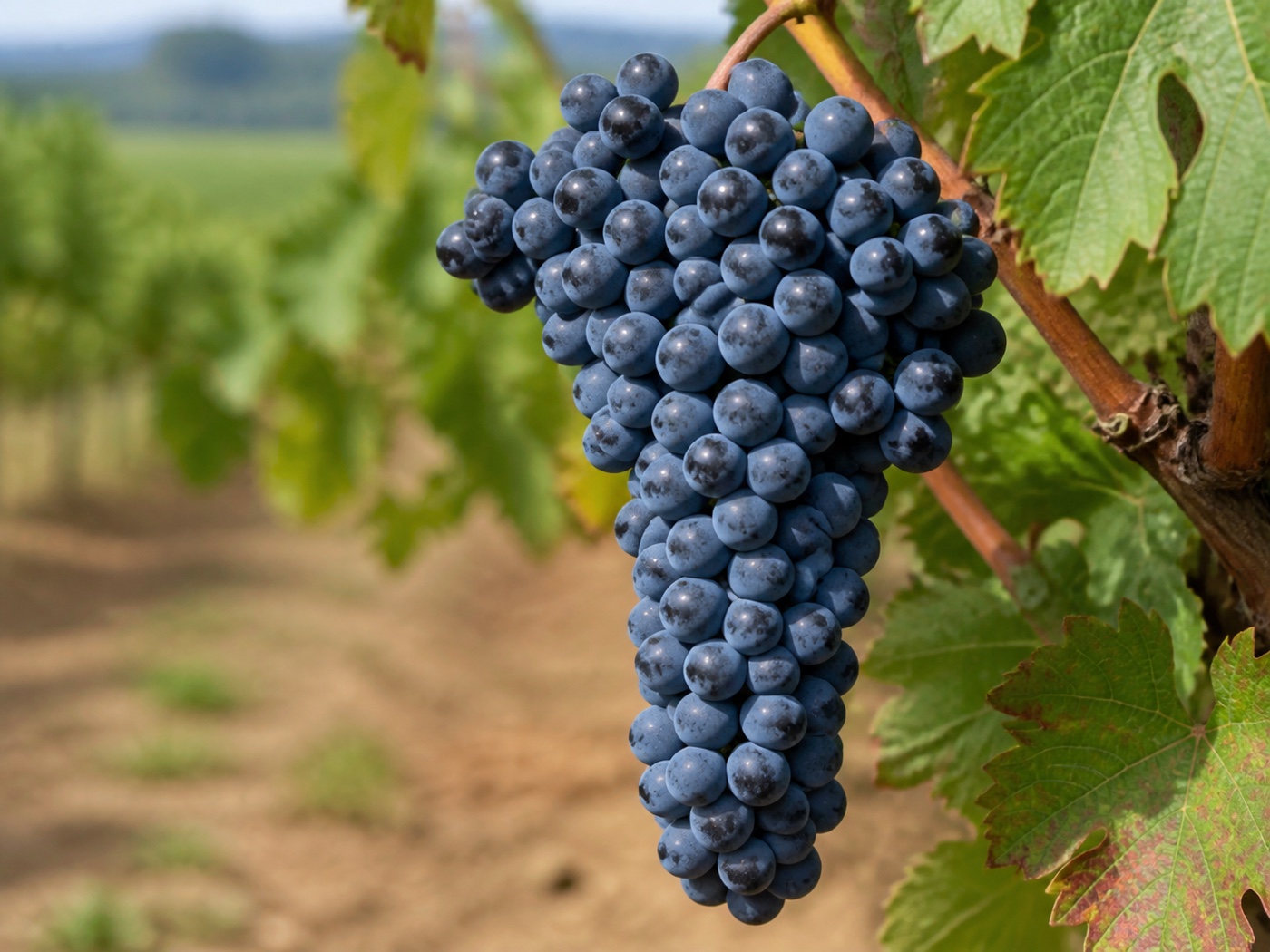 A bunch of Saperavi wine grapes on the vine