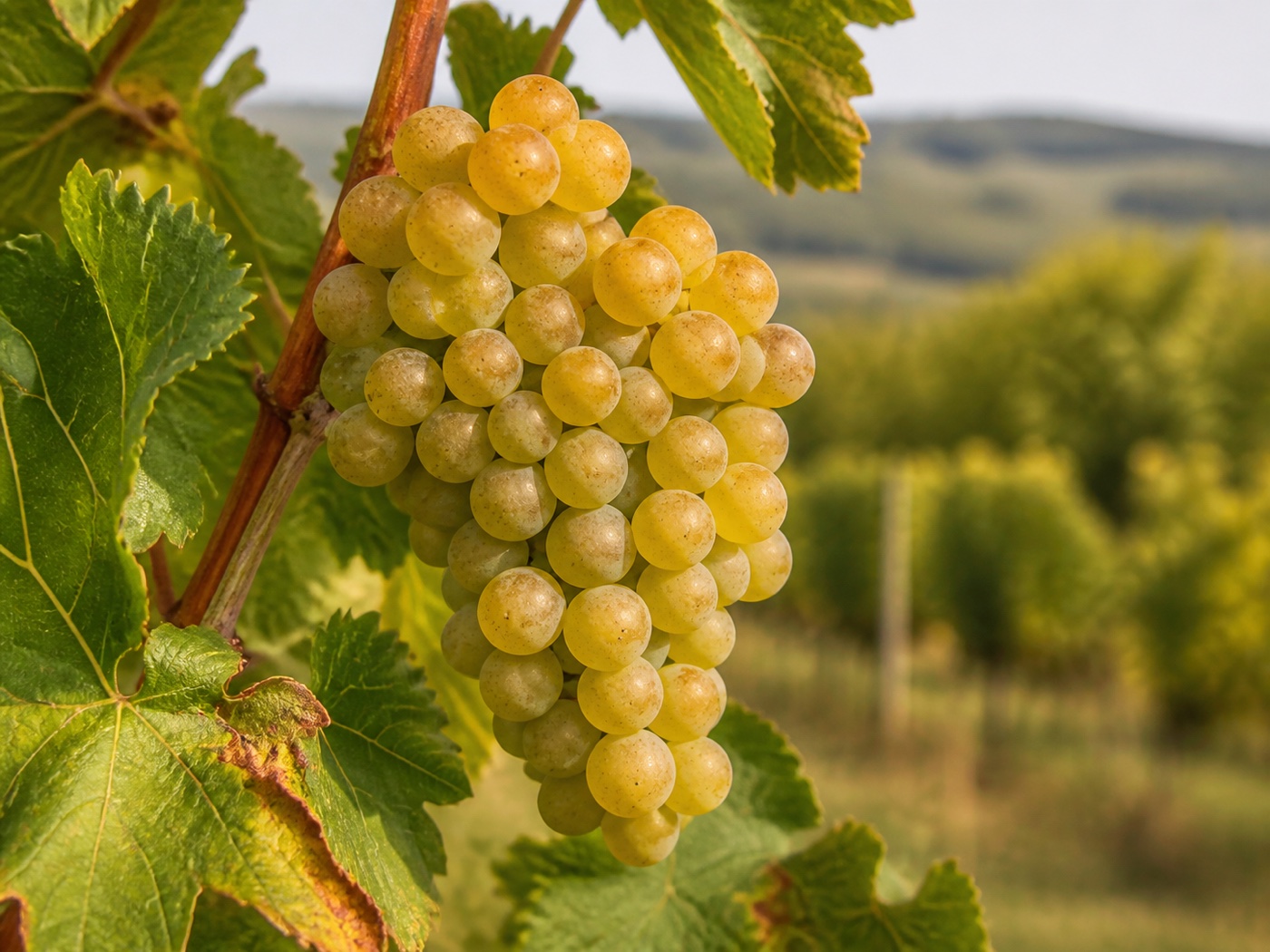 A bunch of Sárga Muskotály wine grapes on the vine