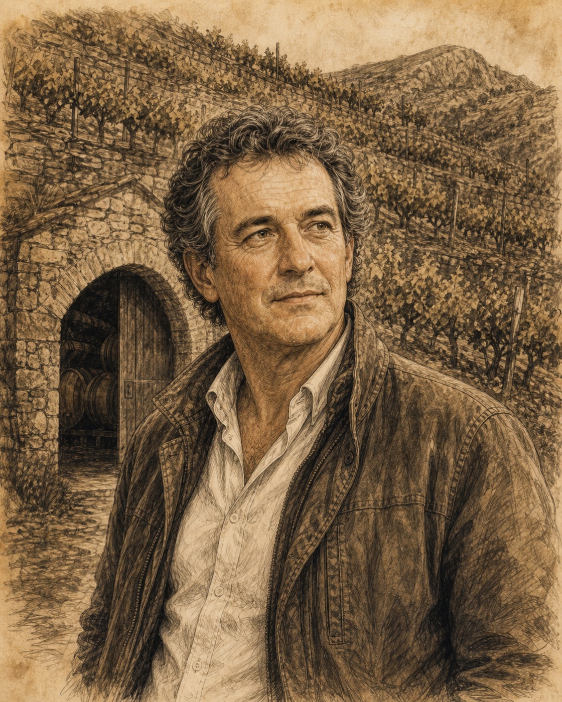 Interpretive illustrated portrait of Álvaro Palacios