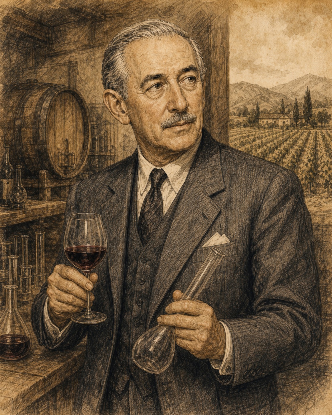 Interpretive illustrated portrait of André Tchelistcheff
