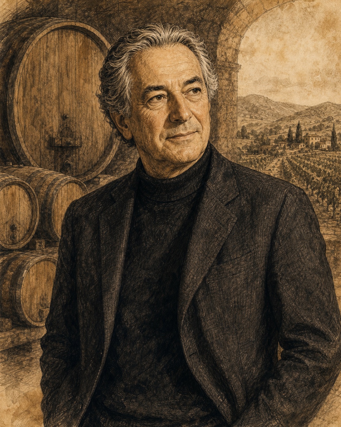 Interpretive illustrated portrait of Angelo Gaja