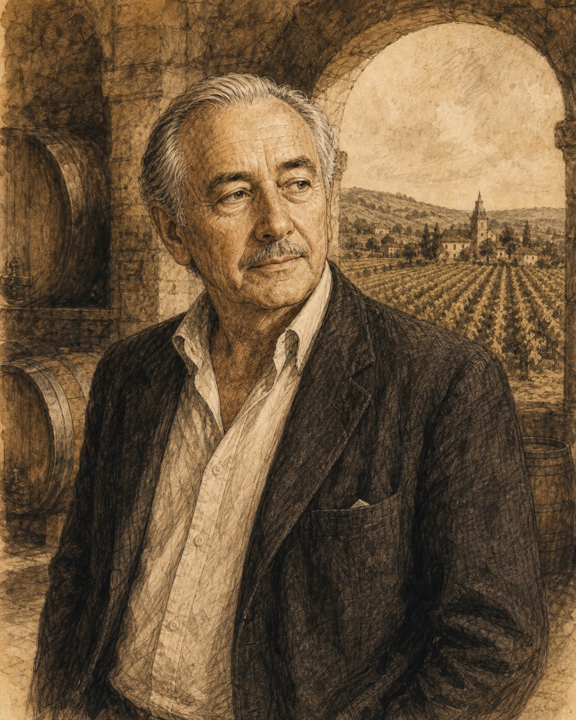 Interpretive illustrated portrait of Aubert de Villaine