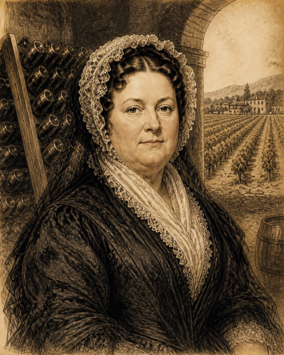 Interpretive illustrated portrait of Barbe-Nicole Clicquot