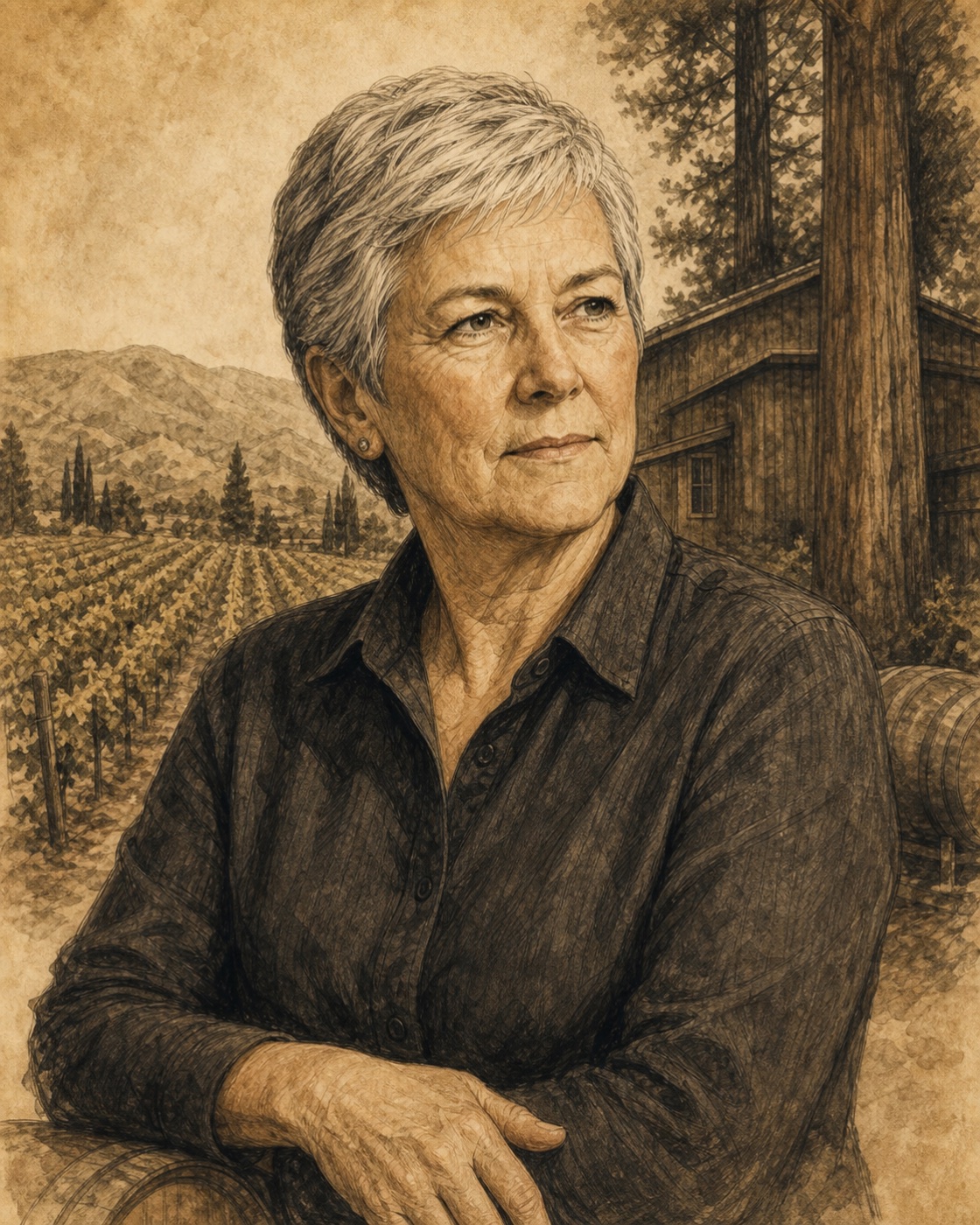 Interpretive illustrated portrait of Cathy Corison