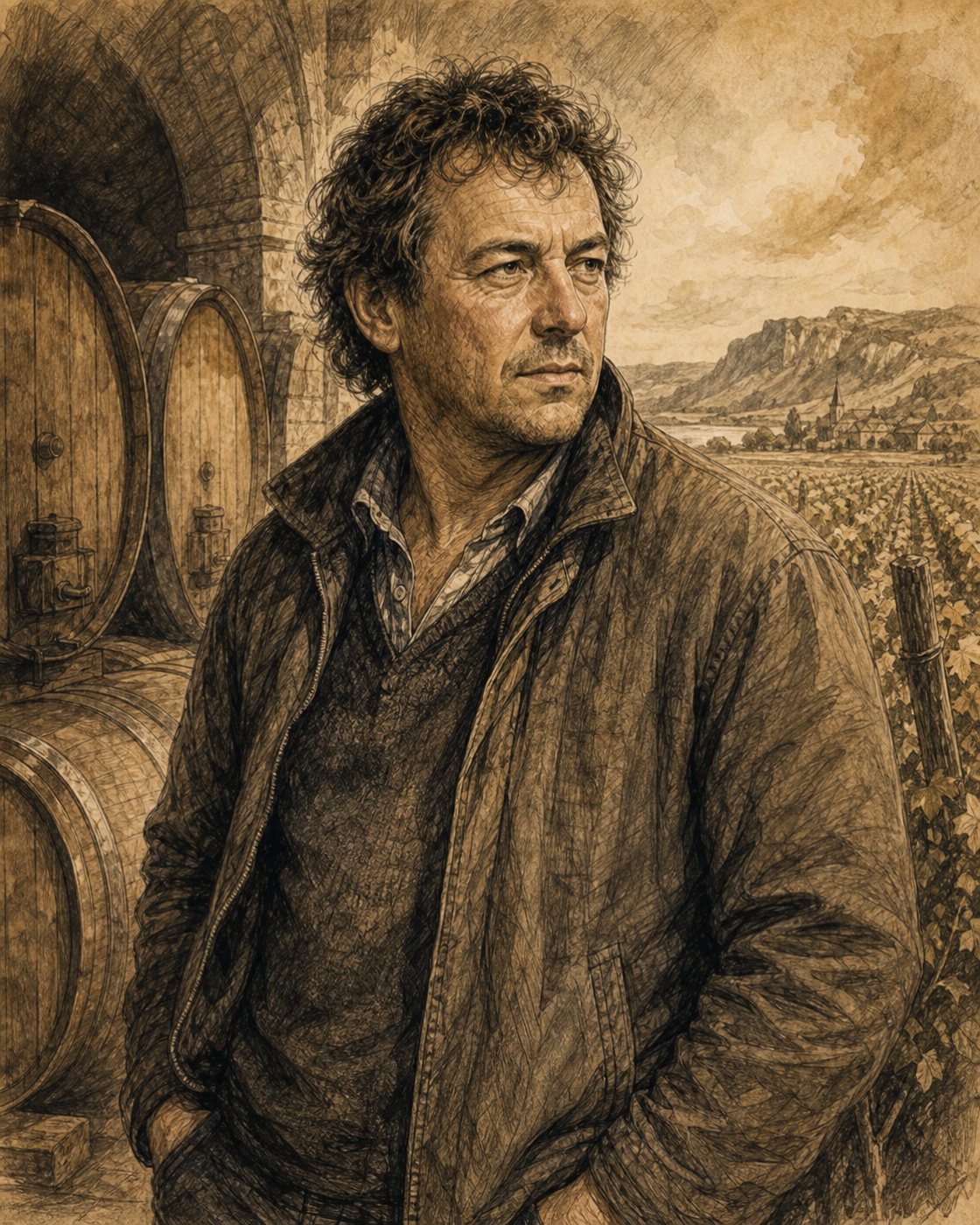Interpretive illustrated portrait of Didier Dagueneau