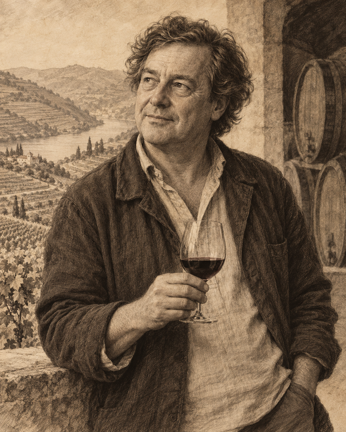 Interpretive illustrated portrait of Dirk Niepoort