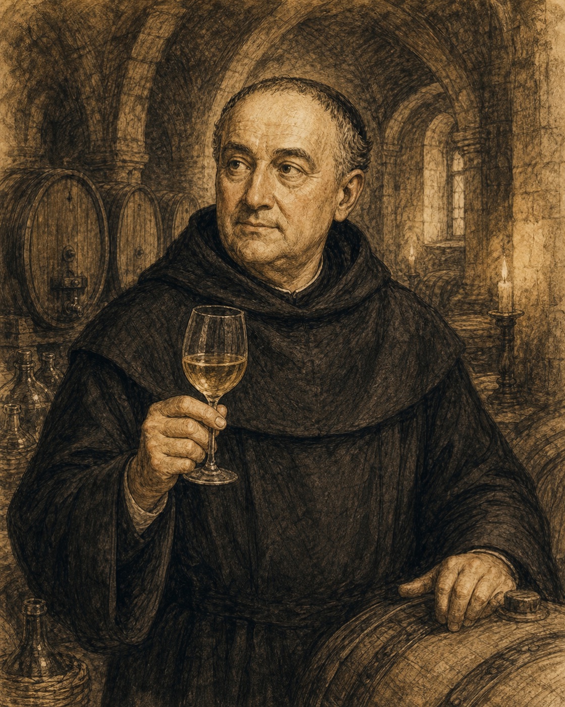 Interpretive illustrated portrait of Dom Pierre Pérignon