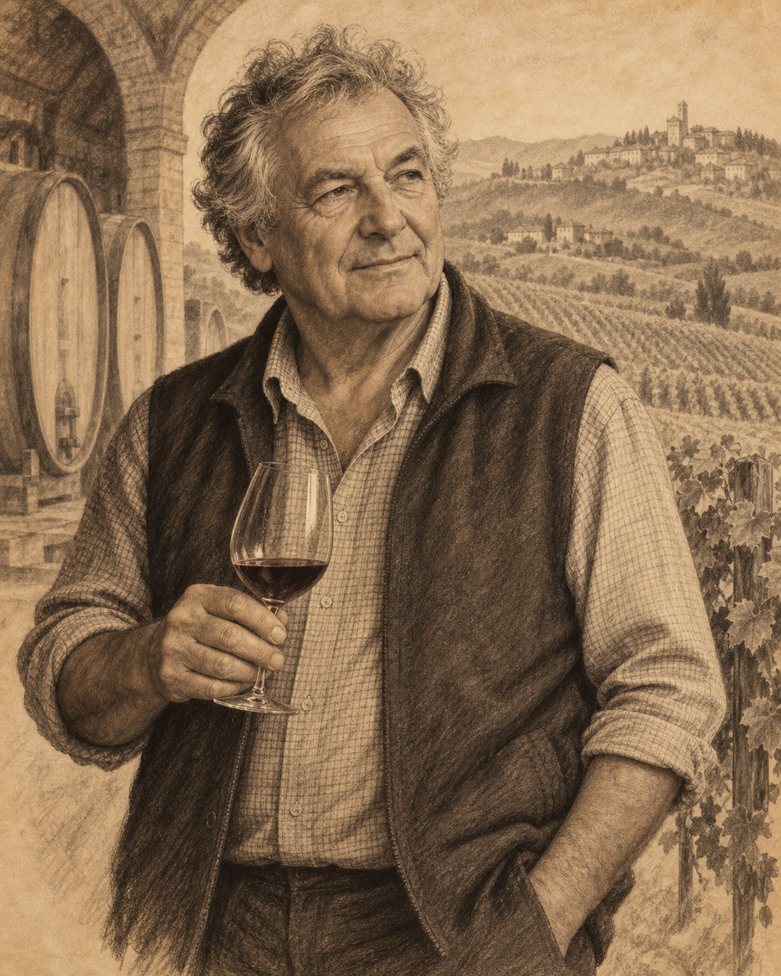 Interpretive illustrated portrait of Elio Altare