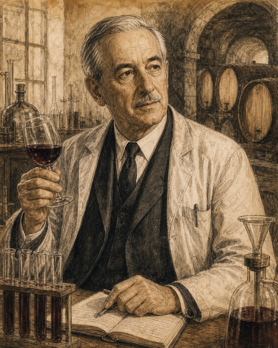 Interpretive illustrated portrait of Émile Peynaud