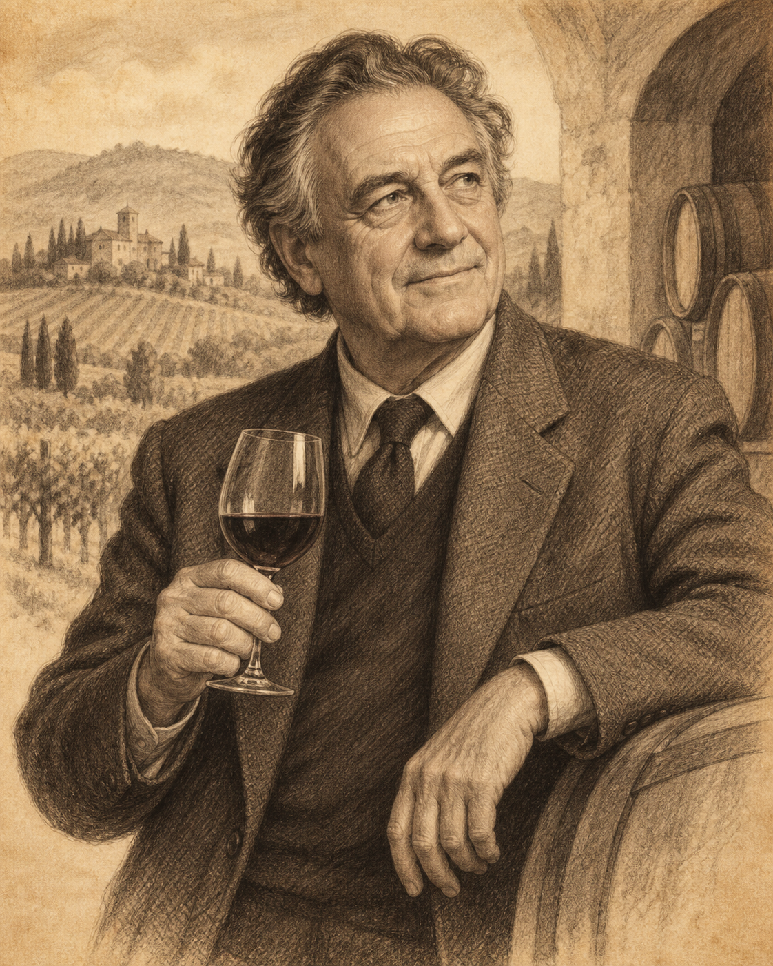 Interpretive illustrated portrait of Giacomo Tachis