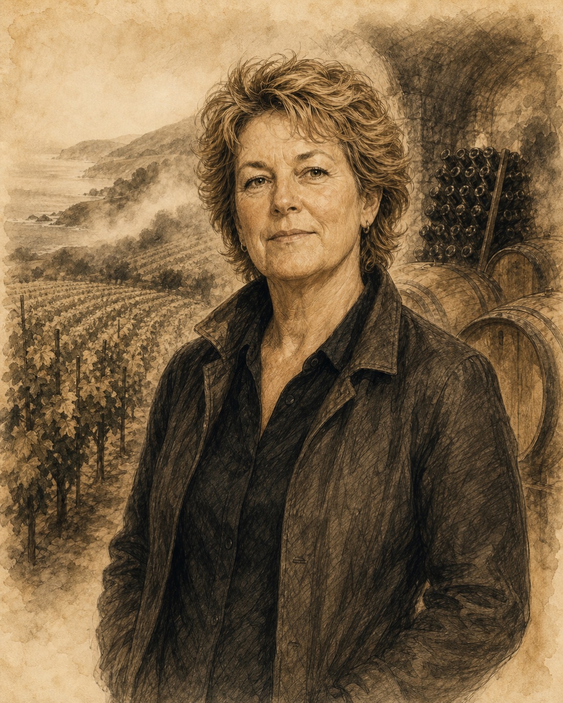 Interpretive illustrated portrait of Helen Turley