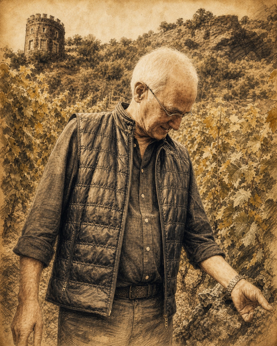 Interpretive illustrated portrait of Helmut Dönnhoff
