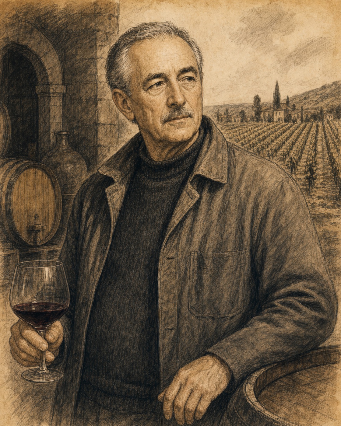 Interpretive illustrated portrait of Henri Jayer
