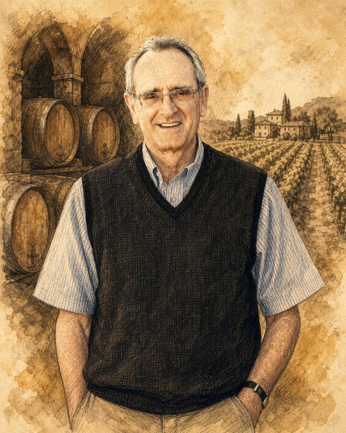 Interpretive illustrated portrait of Jean-Claude Berrouet