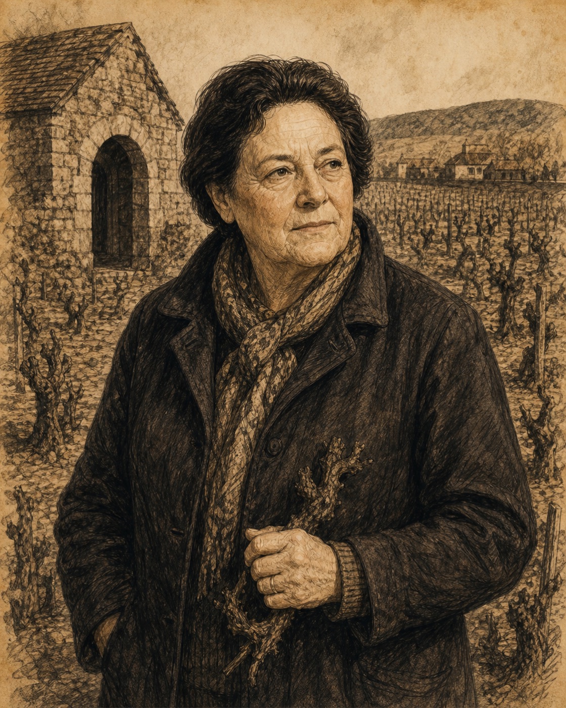 Interpretive illustrated portrait of Lalou Bize-Leroy