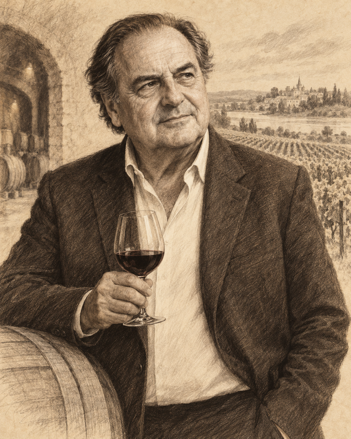 Interpretive illustrated portrait of Michel Rolland
