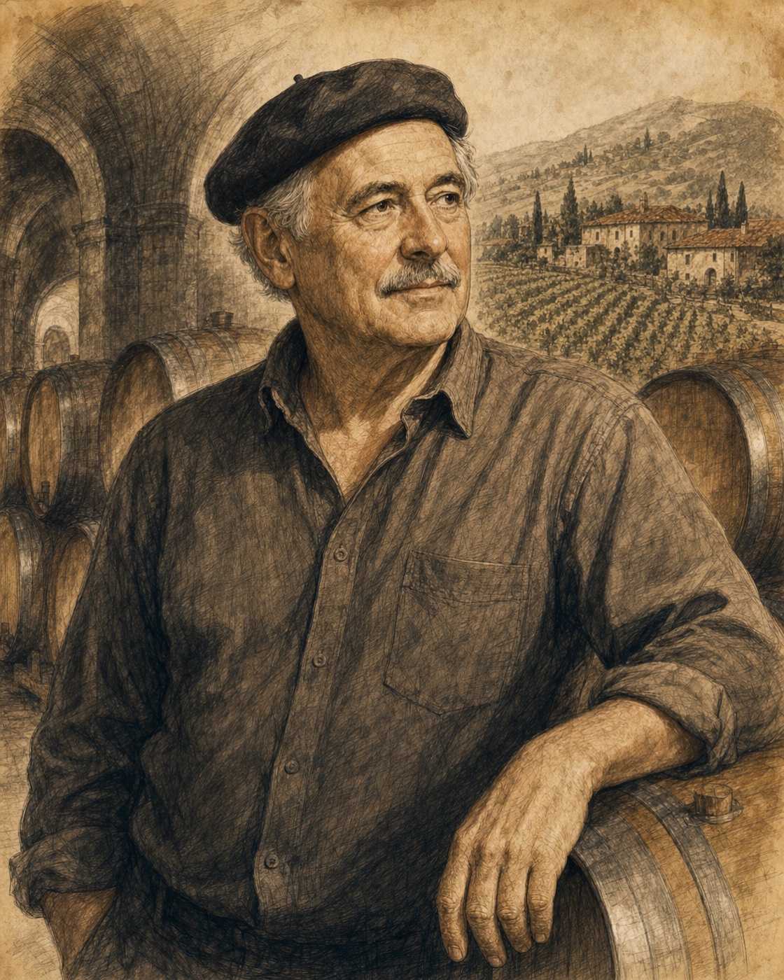 Interpretive illustrated portrait of Miljenko “Mike” Grgich