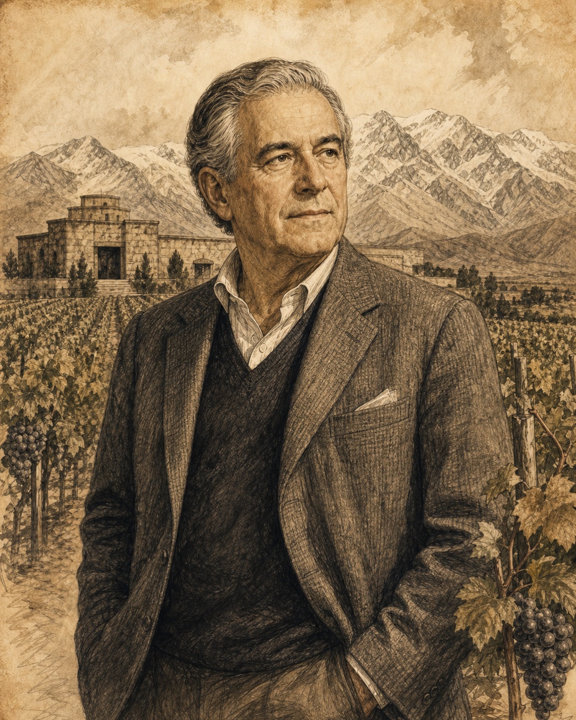 Interpretive illustrated portrait of Nicolás Catena Zapata