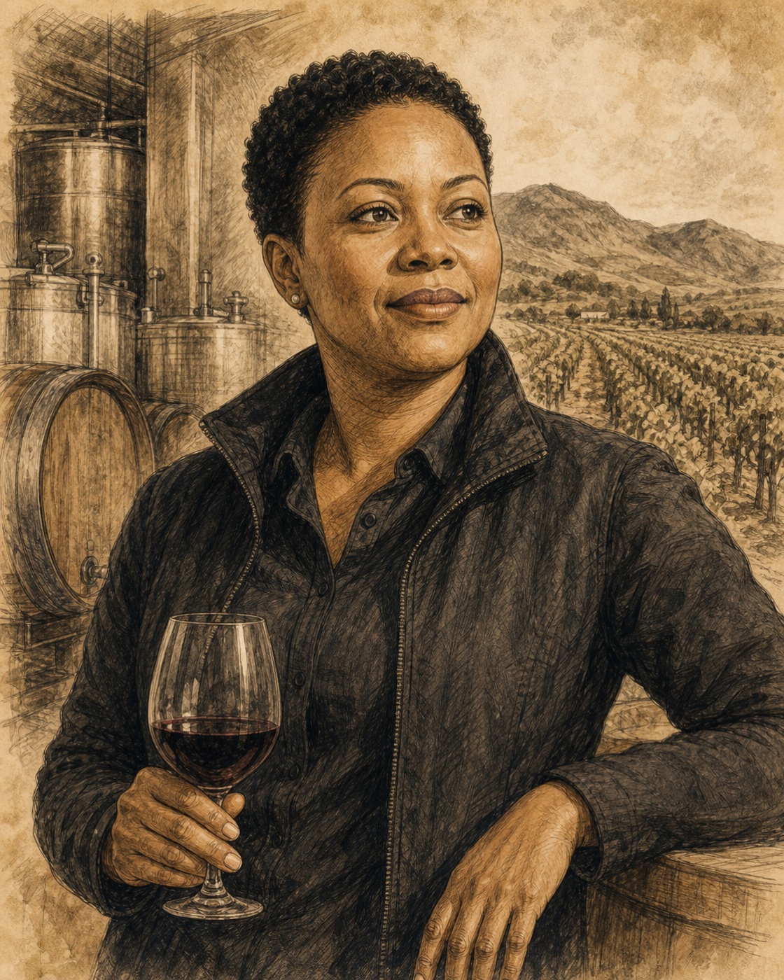 Interpretive illustrated portrait of Ntsiki Biyela