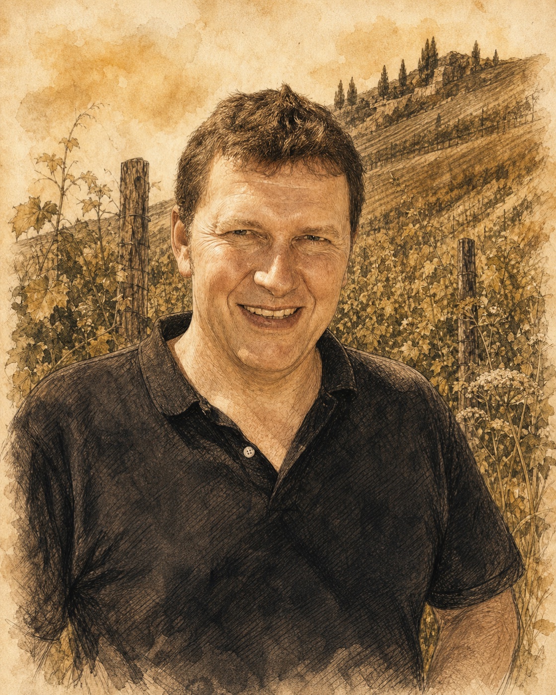 Interpretive illustrated portrait of Olivier Humbrecht