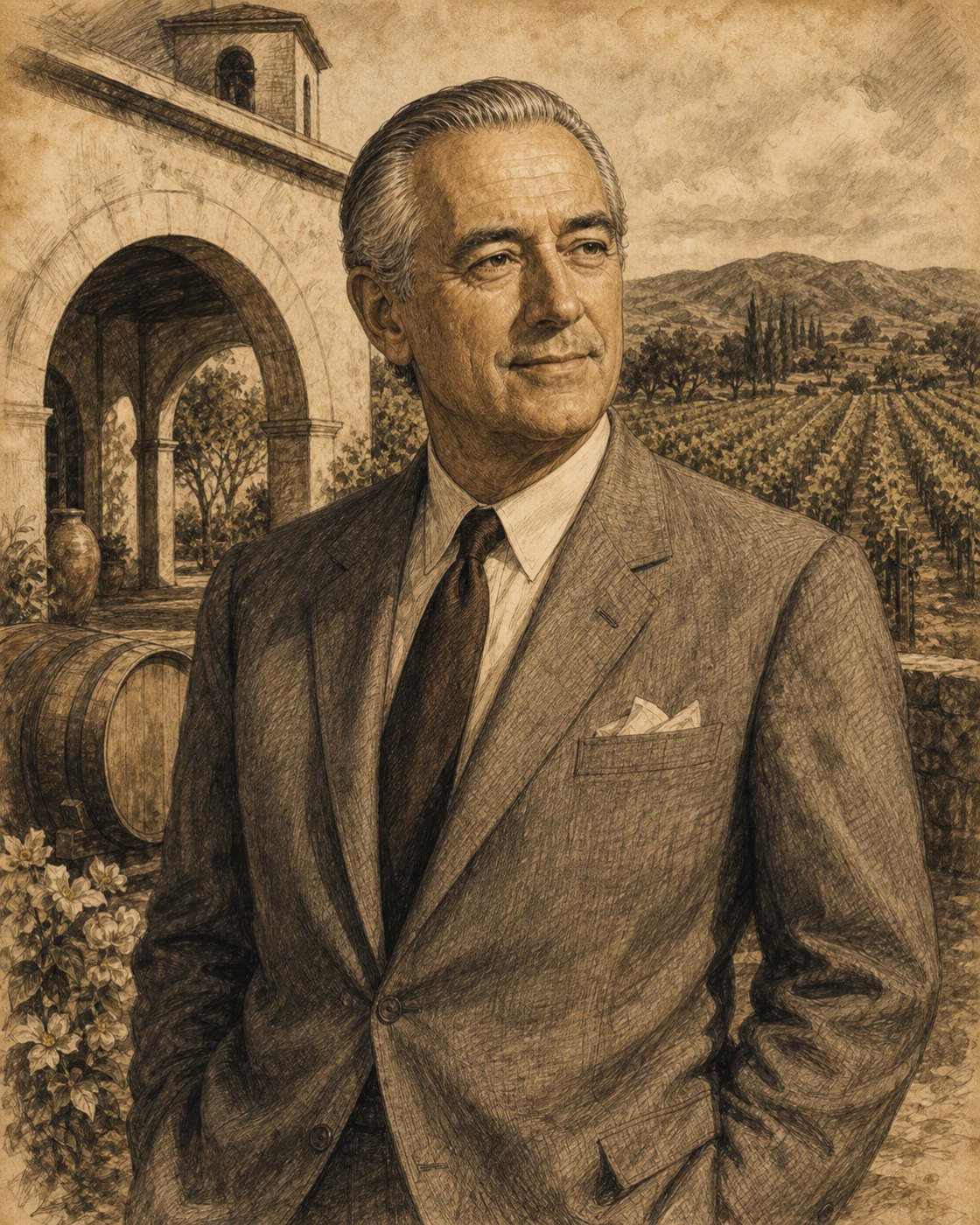 Interpretive illustrated portrait of Robert Mondavi