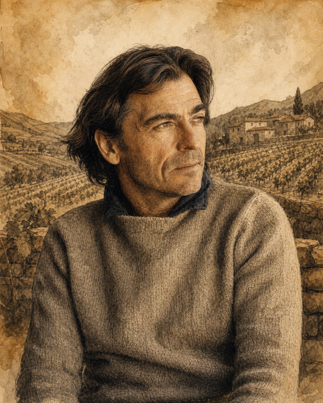 Interpretive illustrated portrait of Telmo Rodríguez