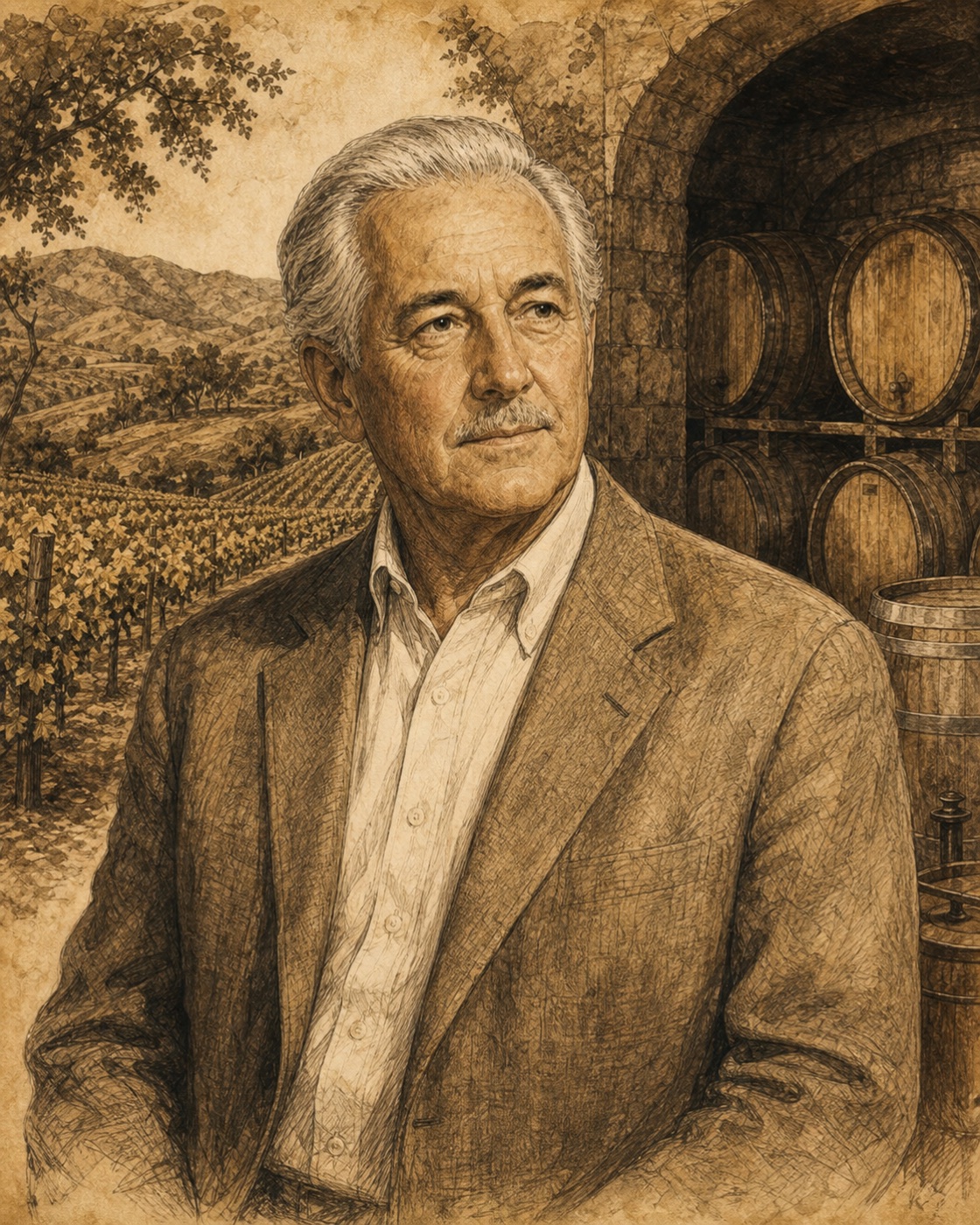 Interpretive illustrated portrait of Warren Winiarski